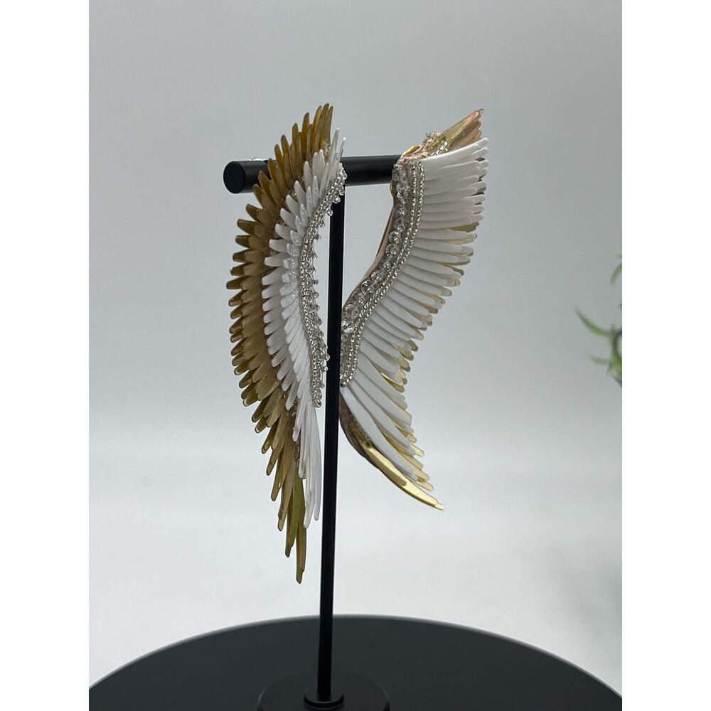 Mignonne Gavigan Gold White Metallic Madeline Large Leather Sequins Wing Earring - Picture 7 of 15